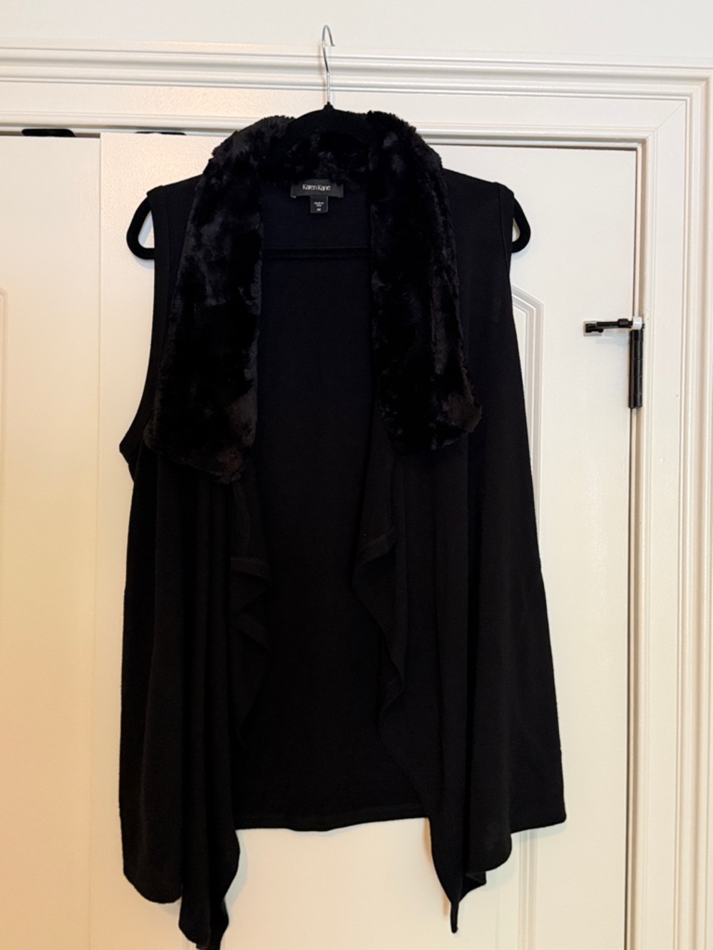 Karen Kane Black Sleeveless Draped Vest with Faux Fur Collar